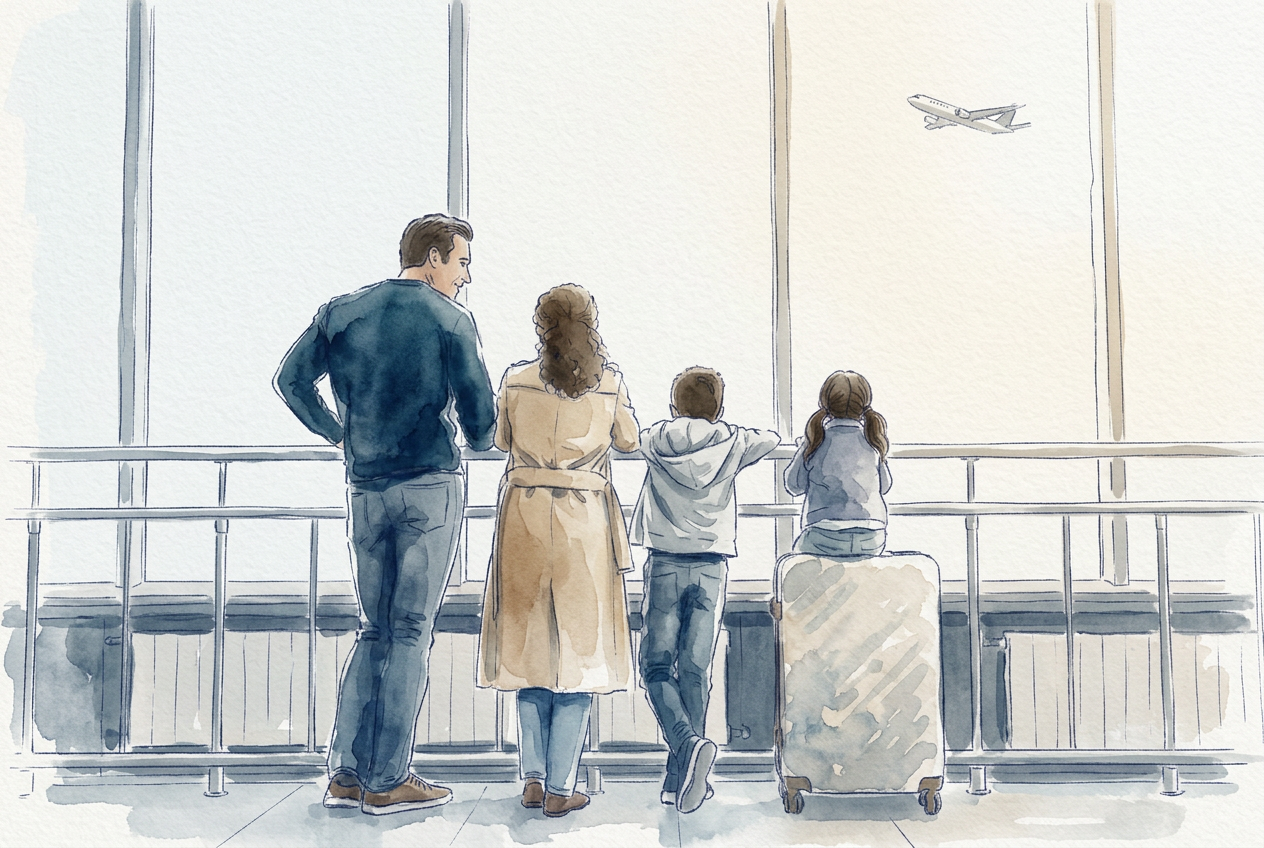 Famille arrivant à l’aéroport pour une relocalisation