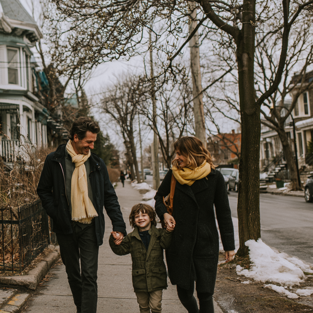 Famille entrepreneuriale découvrant son quartier au Canada
